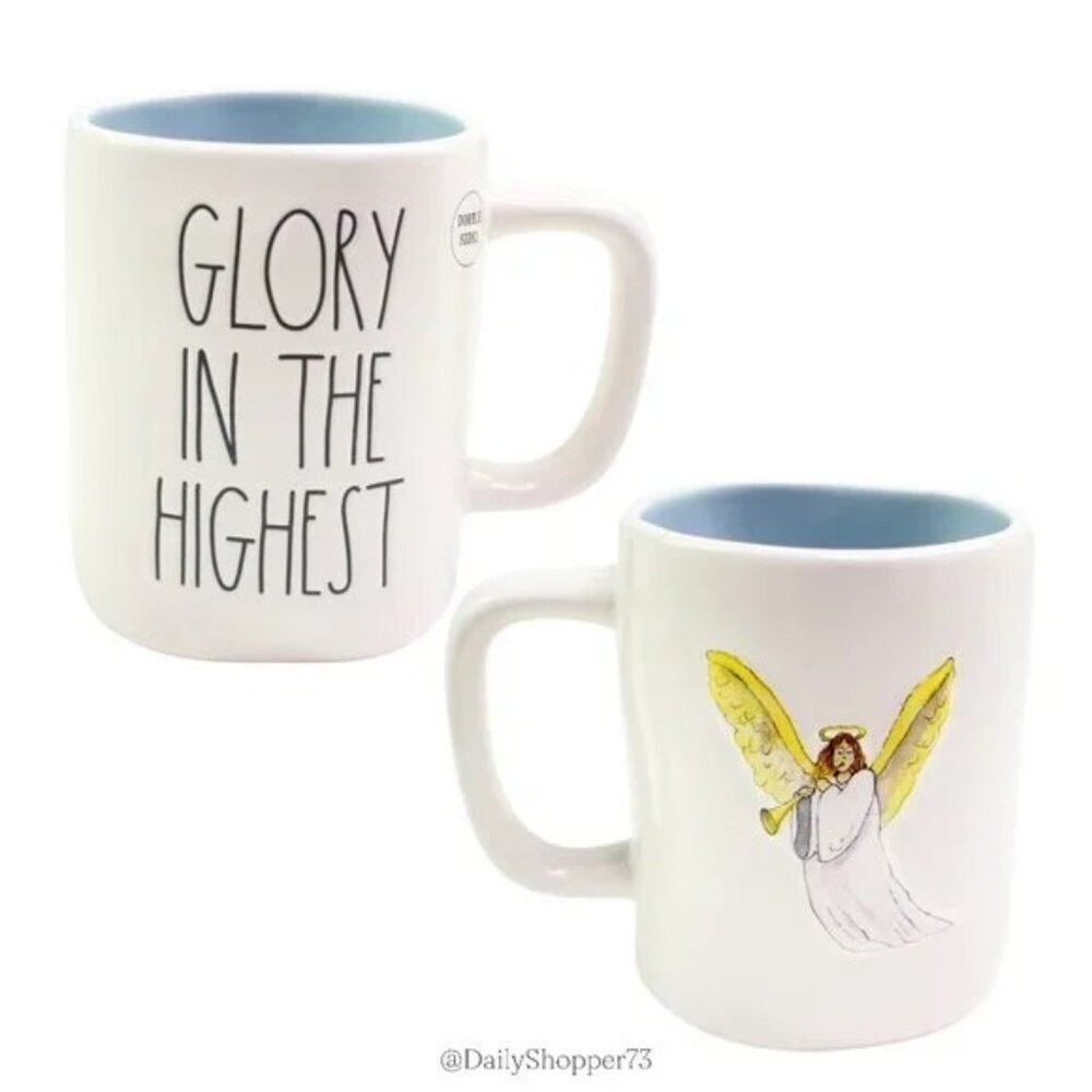 NEW Rae Dunn by Magenta GLORY IN THE HIGHEST Blue Interior Dbl Sided Angel Mug